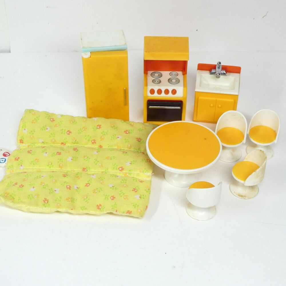 Fisher Price Kitchen Dollhouse Set Appliances Table Chairs Vintage Yellow Orange